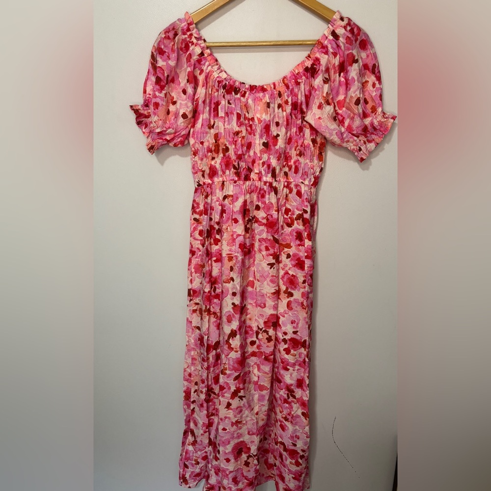 H & M Floral Pink Off-Shoulder Maxi Dress pink Red White Size XS Elastic Areas